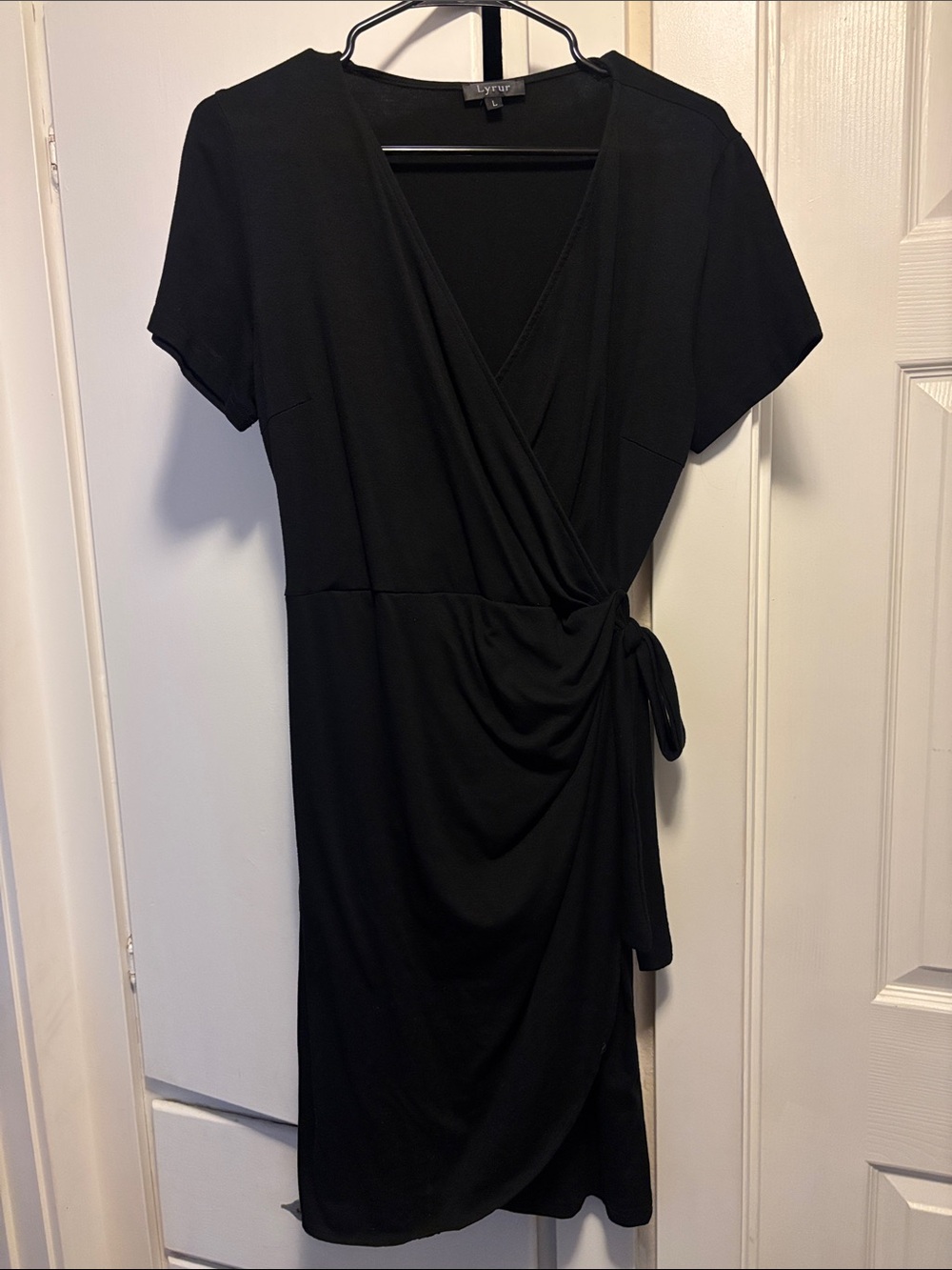 Black Wrap-Style Short Sleeve Dress
